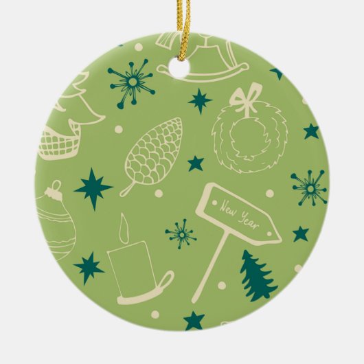 Groene achtergrond met kerstbomen, tekens, ster keramisch ornament (Voorkant)