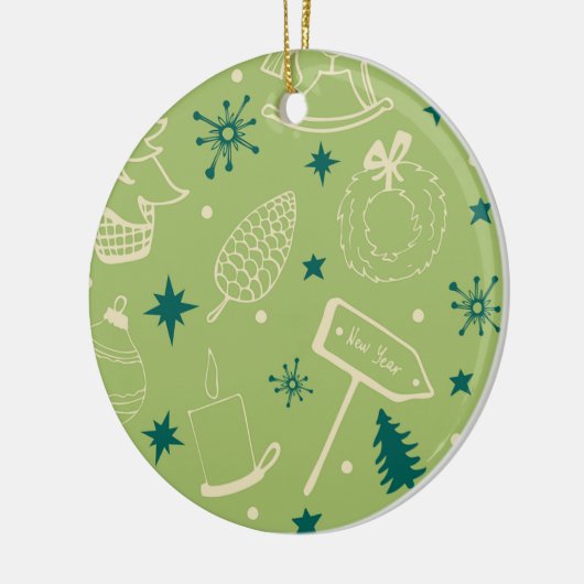 Groene achtergrond met kerstbomen, tekens, ster keramisch ornament (Links)