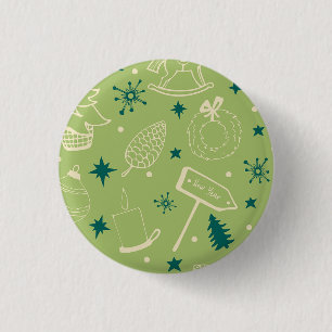 Groene achtergrond met kerstbomen, tekens, ster ronde button 3,2 cm