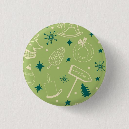 Groene achtergrond met kerstbomen, tekens, ster ronde button 3,2 cm (Voorkant)