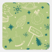 Groene achtergrond met kerstbomen, tekens, ster vierkante sticker (Voorkant)