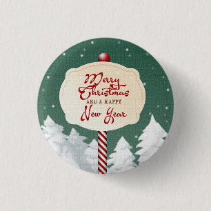 Groene achtergrond met kerstboom en teken ronde button 3,2 cm