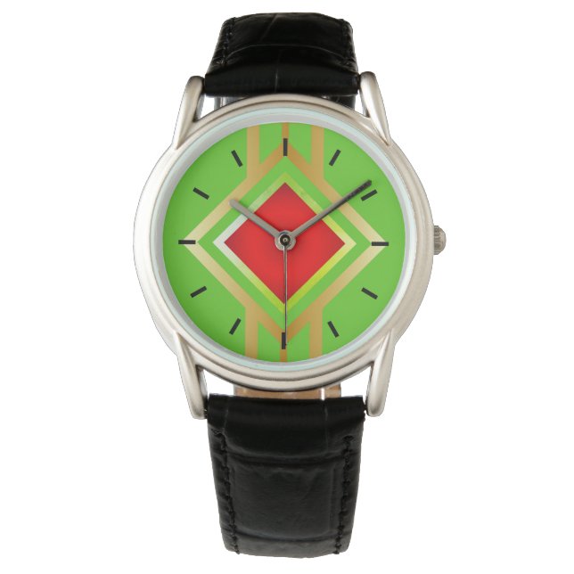 Groene Achtergrond Rood Goud Diamant Horloge (Voorkant)