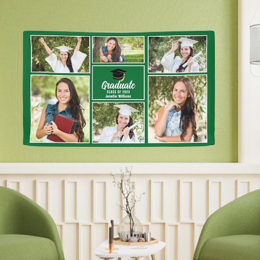 Groene afstudeerfoto-collage 2026 afstudeerfeest spandoek