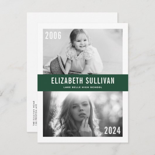 Groene Afstudeerfoto Collage 'Toen en Nu' Aankondigingskaart (Voorkant / Achterkant)
