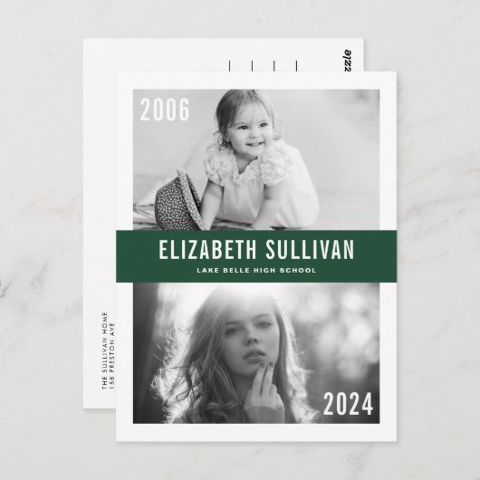 Groene Afstudeerfoto Collage 'Toen en Nu' Briefkaart (Voorkant / Achterkant)