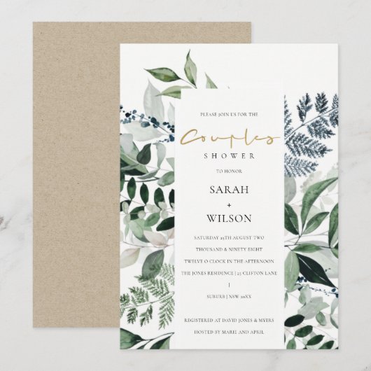 Groene afy Tropical Foliage Couples Shower Invite Bedankkaart (Voorkant / Achterkant)