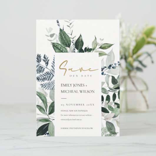 Groene afy Tropische Foliage slaat de datum op Uit Bedankkaart (Staand voorkant)