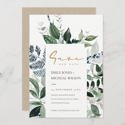 Groene afy Tropische Foliage slaat de datum op Uit Bedankkaart (Voorkant / Achterkant)