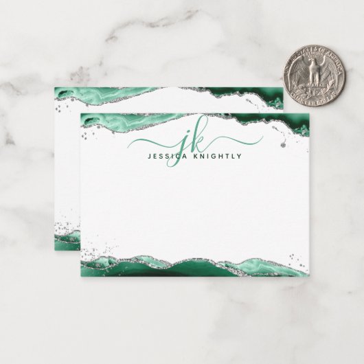 Groene Agaat Geode Script Monogram Zilveren Glitte Notitiekaartje (Voorkant / Achterkant in situ)