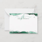 Groene Agaat Geode Script Monogram Zilveren Glitte Notitiekaartje (Voorkant)