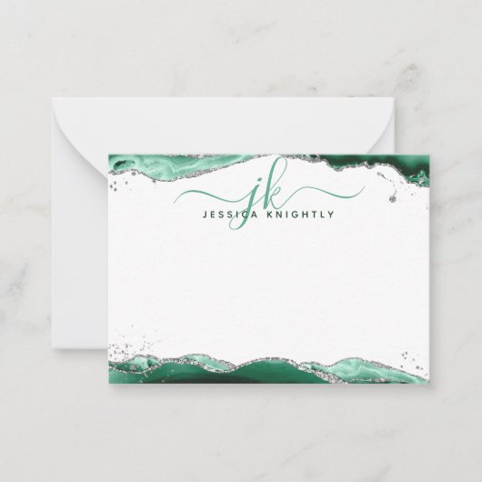 Groene Agaat Geode Script Monogram Zilveren Glitte Notitiekaartje (Voorkant)