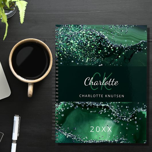 Groene agaat glitter marmer monogram 2024 planner