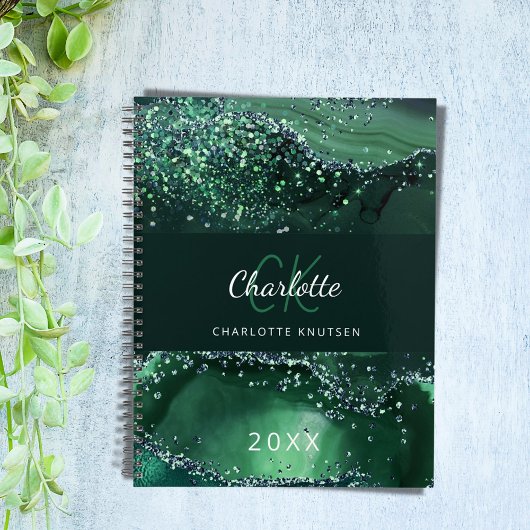 Groene agaat glitter marmer monogram 2024 planner