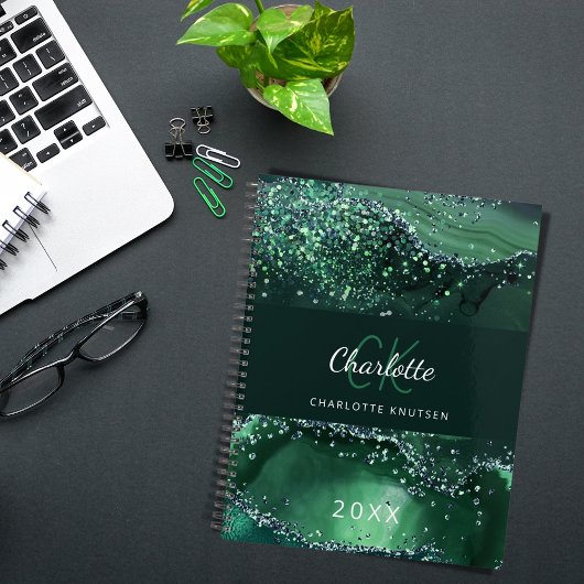 Groene agaat glitter marmer monogram 2024 planner