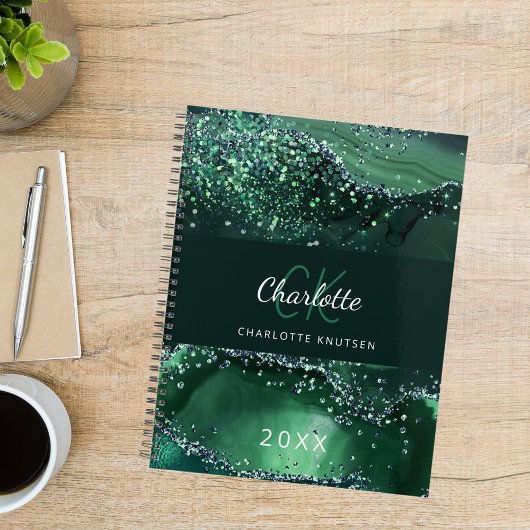 Groene agaat glitter marmer monogram 2024 planner