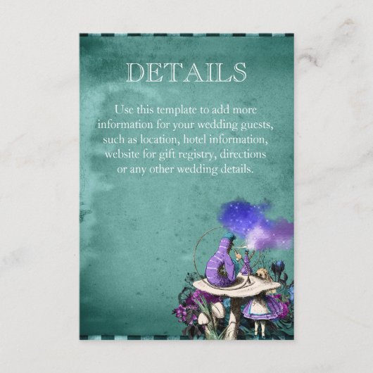 -groene Alice in Wonderland Wedding Details Informatiekaartje (Voorkant)
