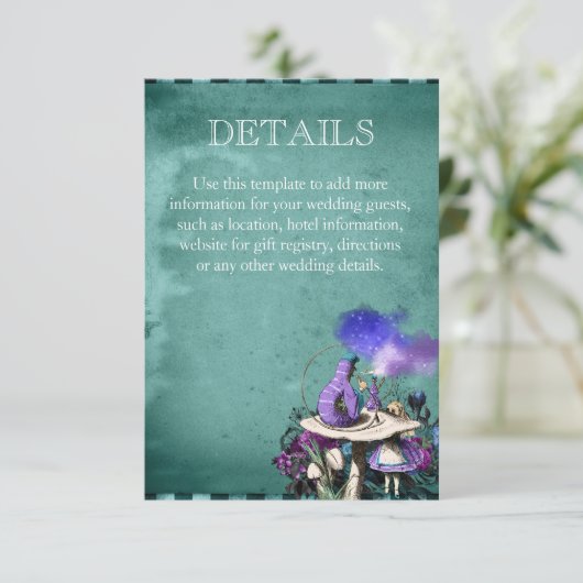 -groene Alice in Wonderland Wedding Details Informatiekaartje (Staand voorkant)
