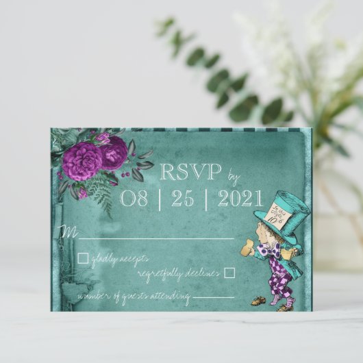  groene Alice in Wonderland Wedding RSVP (Staand voorkant)