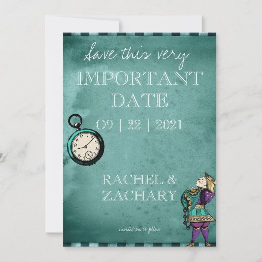 groene Alice in Wonderland Wedding Save The Date (Voorkant)