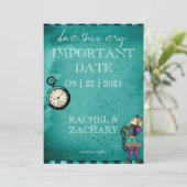 groene Alice in Wonderland Wedding Save The Date (Staand voorkant)