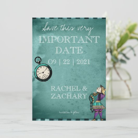  groene Alice in Wonderland Wedding Save The Date (Staand voorkant)
