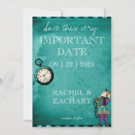 groene Alice in Wonderland Wedding Save The Date