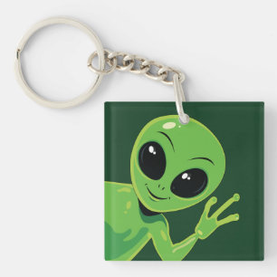 Groene Alien die Waving Cartoon Vriendelijke Buite Sleutelhanger