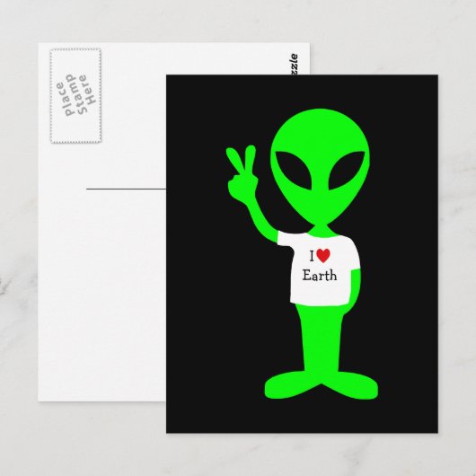 Groene Alien: "I Love Earth" Briefkaart (Voorkant / Achterkant)