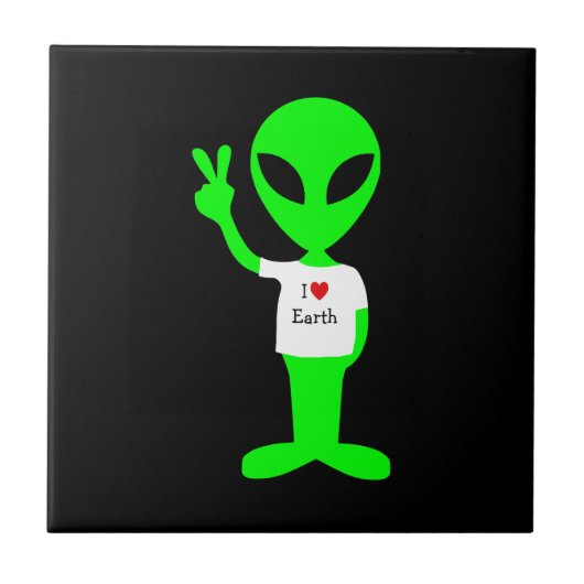 Groene Alien: "I Love Earth" Tegeltje (Voorkant)