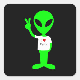 Groene Alien: "I Love Earth" Vierkante Sticker