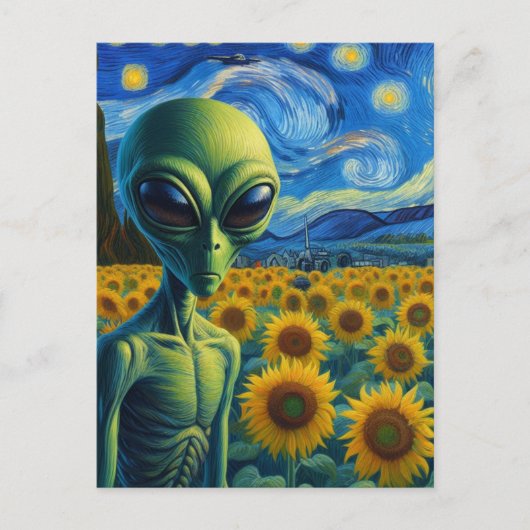Groene Alien in een Faux Van Gogh Zonnebloemveld Briefkaart (Voorkant)