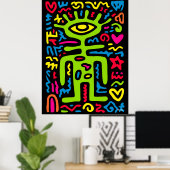 Groene Alien Met Derde Oog – Funky Neon Pop Art Mu Poster (Thuiskantoor)