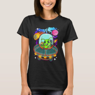 Groene Alien Pizza Eten Ufo Ruimteschip Ruimte Pla T-shirt