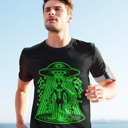 Groene Alien Ruimtevaartuig Ruimteschip Cool Retro T-shirt