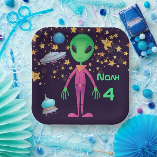 Groene Alien UFO Naam toevoegen Leeftijd Verjaarda Papieren Bordje (Feest)