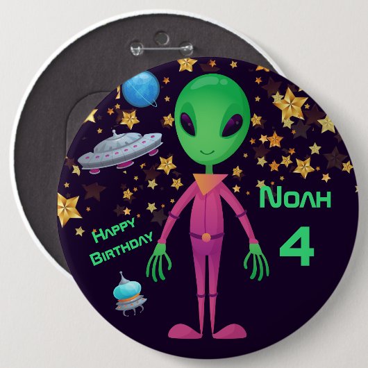 Groene Alien UFO toevoegen Naam Birthday Button (Voorkant /achterkant)