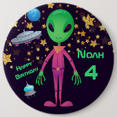 Groene Alien UFO toevoegen Naam Birthday Button (Voorkant)