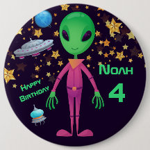 Groene Alien UFO toevoegen Naam Birthday Button