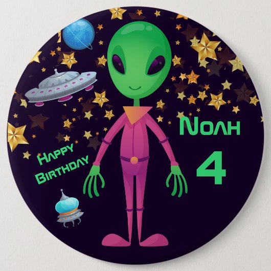 Groene Alien UFO toevoegen Naam Birthday Button (Voorkant)