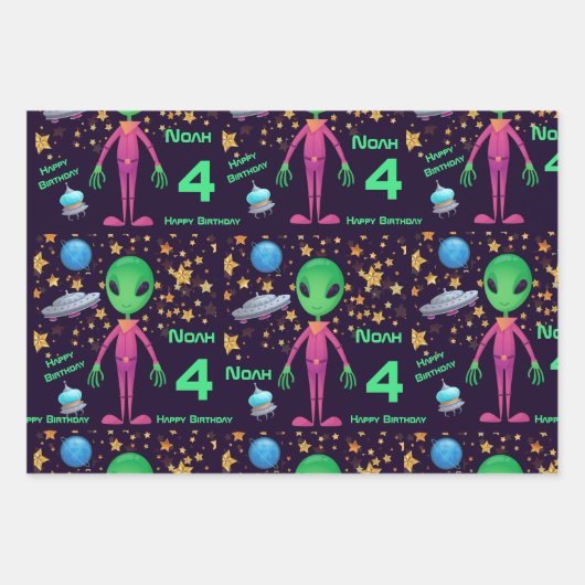 Groene Alien UFO toevoegen Naam Fijne verjaardag Inpakpapier Vel (Voorkant)