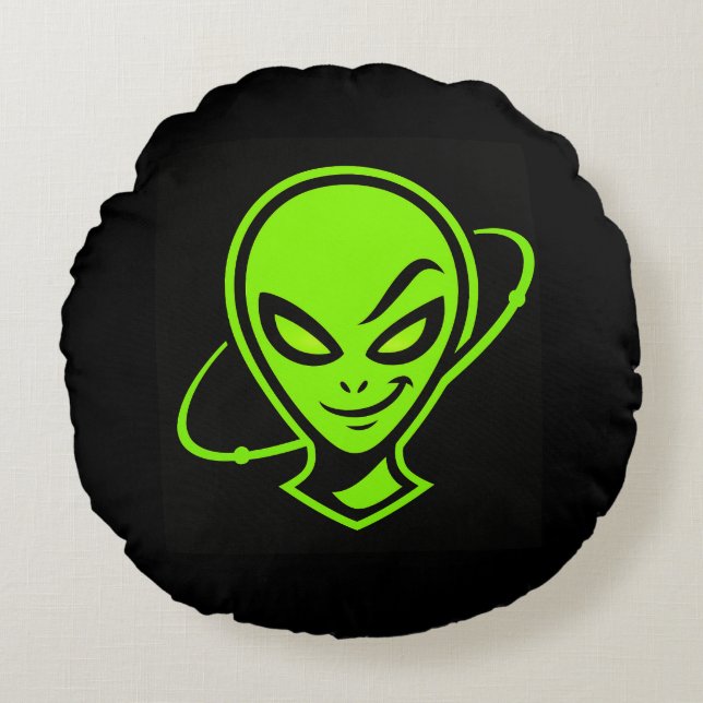 Groene Alien Veel Succes Rond Kussen (Voorkant)