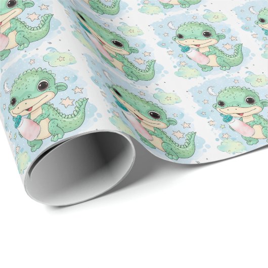 Groene alligator Baby pastel Waterverf Cadeaupapier (Rol Hoek)