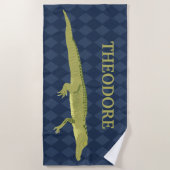Groene alligator, marineblauw achtergrond geperson strandlaken (Voorkant)