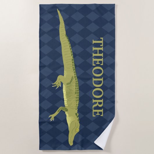 Groene alligator, marineblauw achtergrond geperson strandlaken (Voorkant)