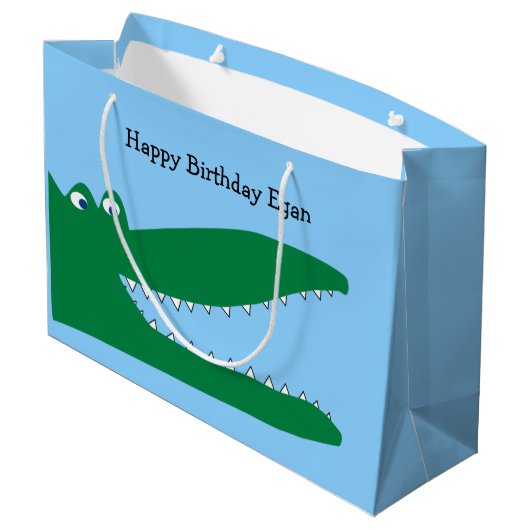 Groene alligator met blauwe achtergrond groot cadeauzakje (Achterkant Gekanteld)