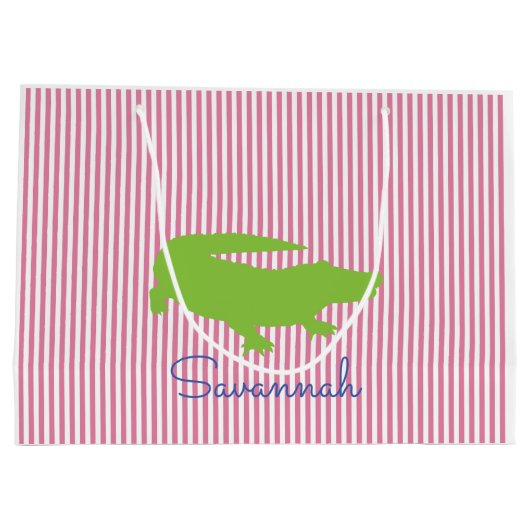 Groene Alligator Roze Streep NAAM Preppy Kleurrijk Groot Cadeauzakje (Achterkant)