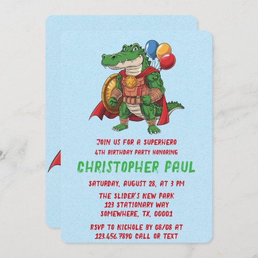 Groene Alligator Superheld Verjaardagsfeest Kaart (Voorkant / Achterkant)
