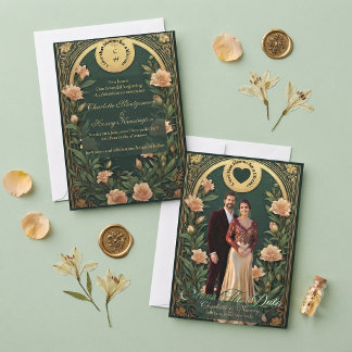 Groene Alphonse Mucha Goud Ivoor Boog Huwelijksfot Save The Date