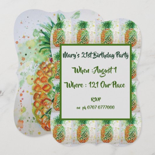 Groene ananas vrucht 21e verjaardagsuitnodiging kaart (Voorkant / Achterkant)